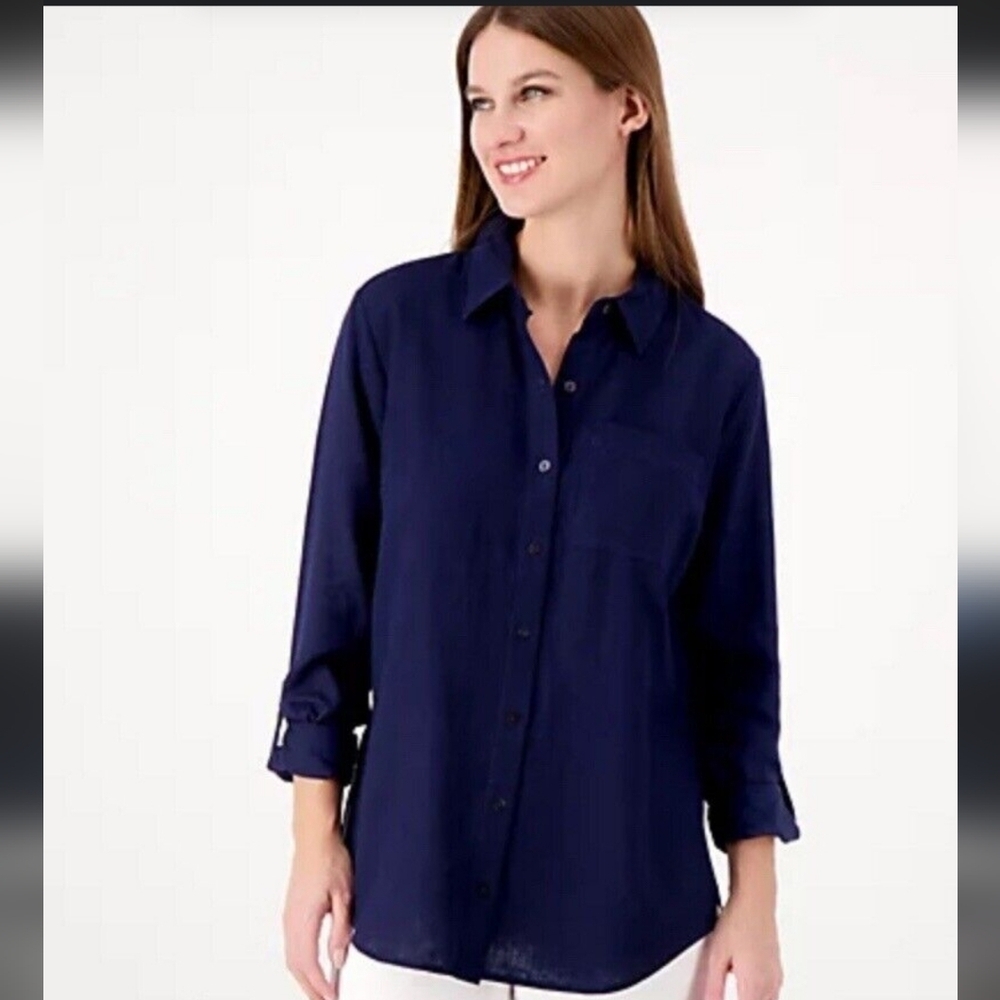 Susan Graver Women's Linen Blend Button Front Casual Top Size L..